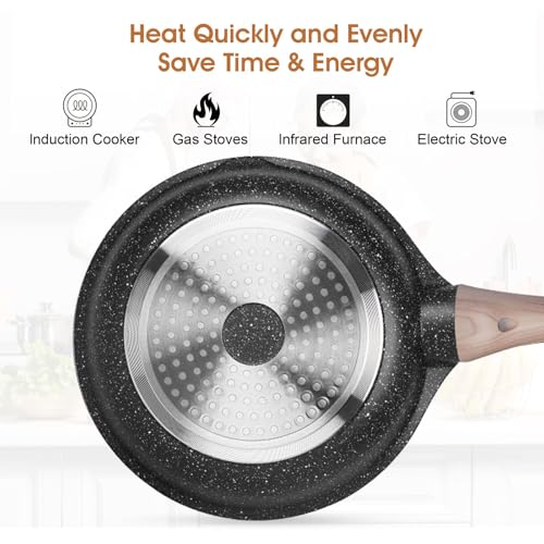 Ucclife 10pcs Pots and Pans Set Nonstick, Granite Frying Pans Induction Kitchen Cookware Sets, with Wood Print Handles Frying Pans, Saucepans, Steamer Shovel Spoon, Beige