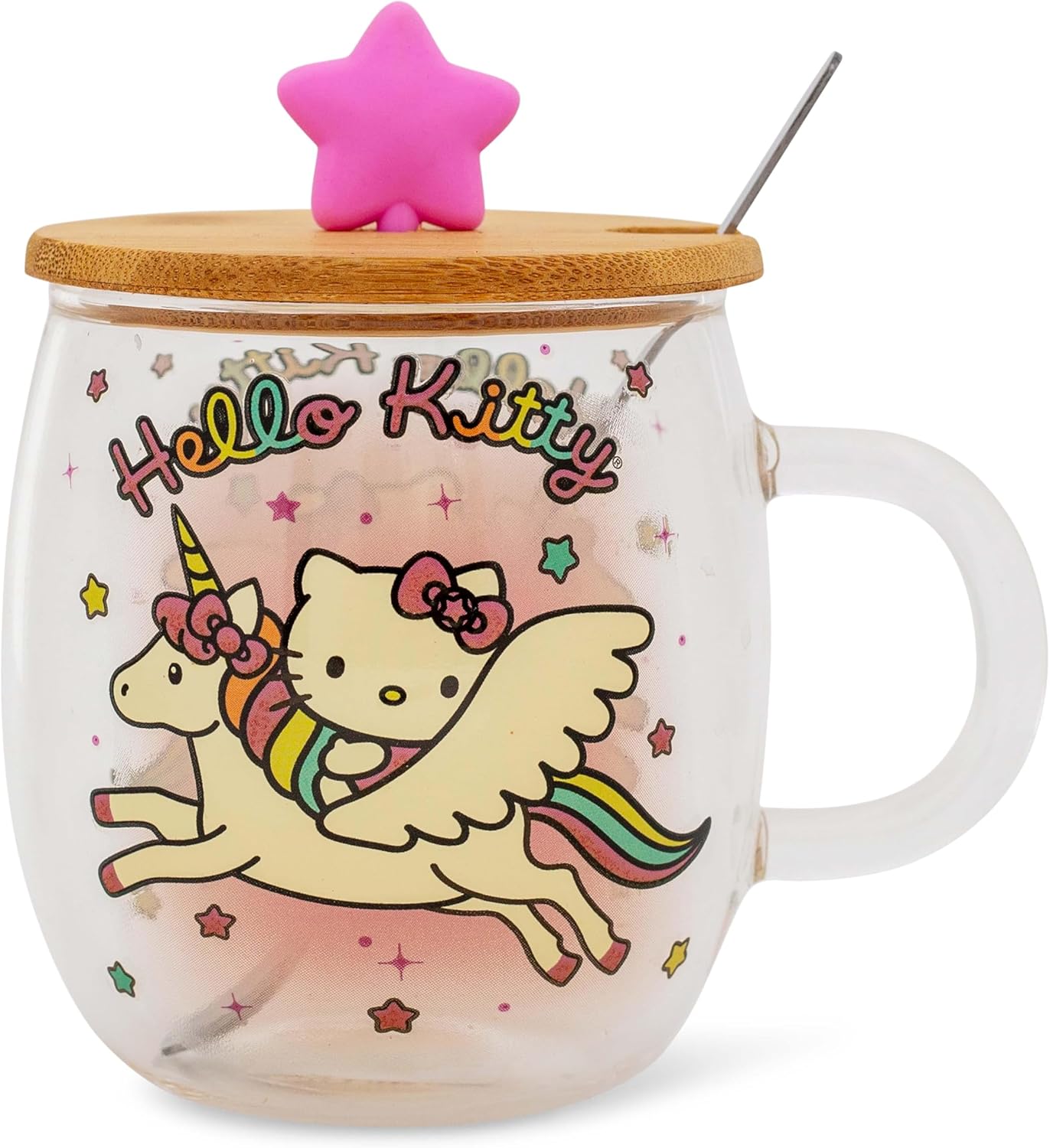 Silver Buffalo Sanrio Hello Kitty Unicorn Glass Mug With Star-Topper Lid and Spoon | Large Coffee Cup For Tea, Espresso, Cocoa | Holds 17 Ounces