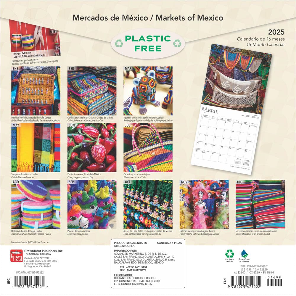 Mercados de Mexico | Markets of Mexico | 2025 12 x 24 Inch Monthly Square Wall Calendar | English/Spanish Bilingual | Plastic-Free | BrownTrout | ... Food Shopping (Spanish and English Edition)