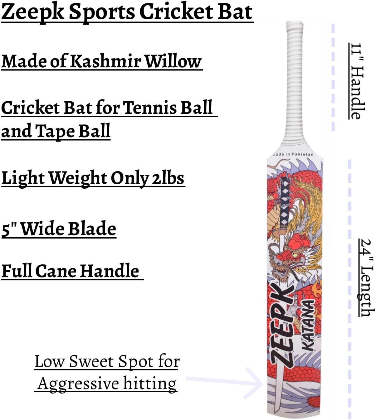 Cricket Bat Zeepk Tennis Tape Ball Full Size 5