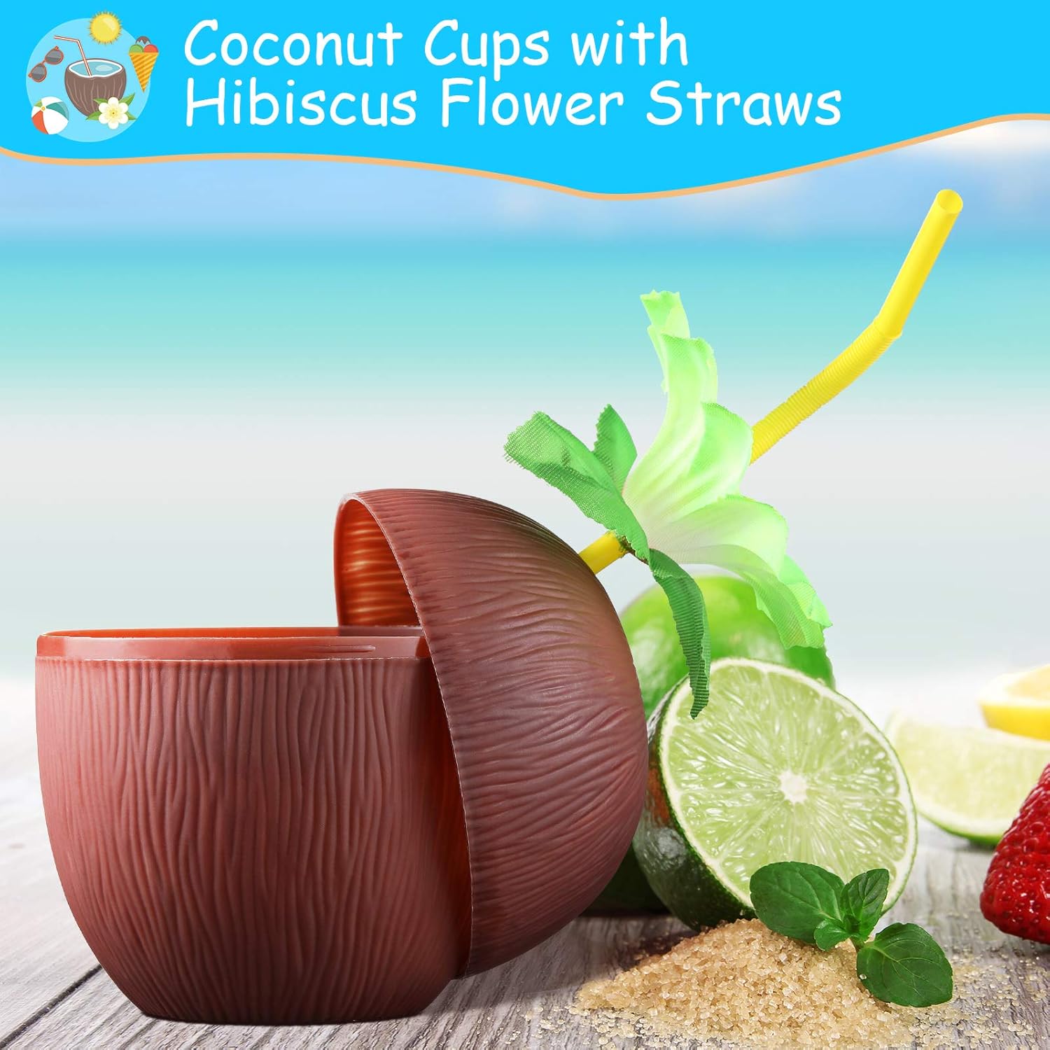 15 Pieces Coconut Cups with 15 Pieces Plastic Colorful Hibiscus Straws for Hawaiian Luau Kids Party Summer Beach Party Tiki and Beach Theme Party Drink or Decoration Cups