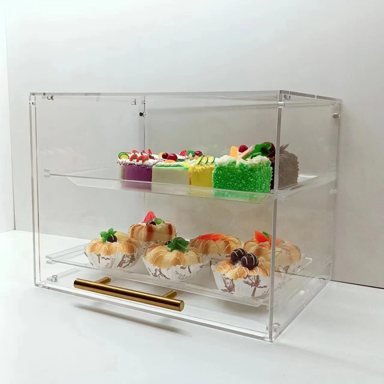 Lyxhouse Acrylic Bakery Pastry Display Case 2 Trays With Front Door(Including Cross Screwdriver And Bread Clip) With13.4” L x 9.8” W x 10.2” H