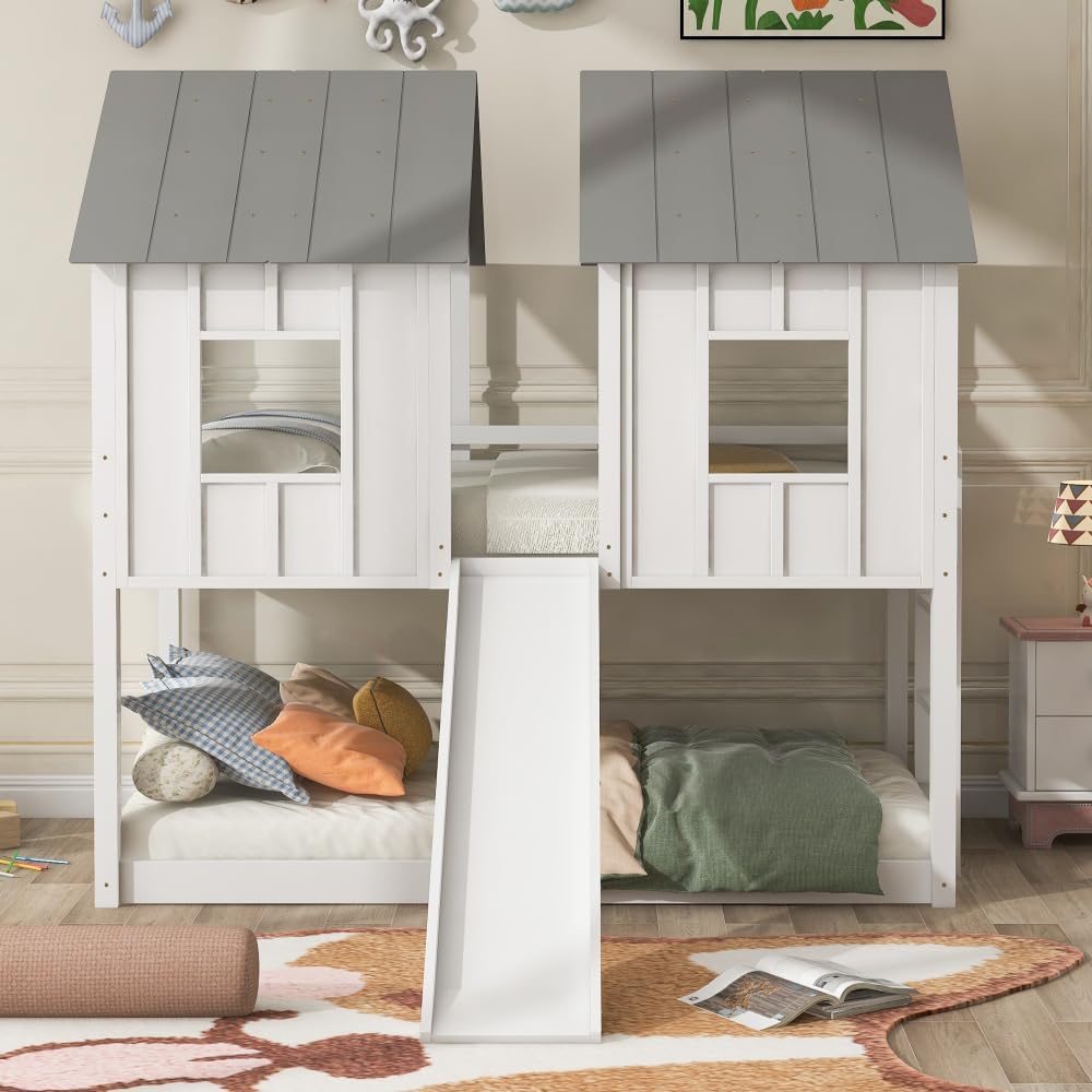 Twin Over Twin House Bunk Bed with Slide and Windows,White 2-Numbers of Package Pine Wood+MDF 14/7pcs 77.4