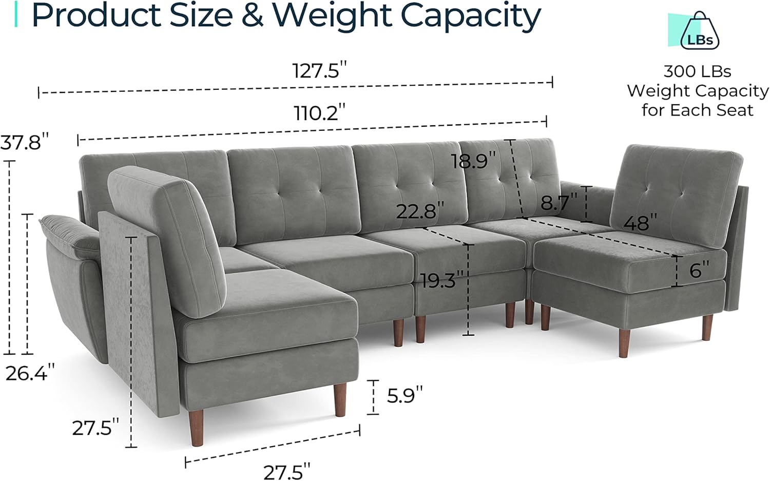 LINSY HOME Modular Sectional Sofa, Velvet Sectional Sofa Couch with Memory Foam, U Shape 6 Seat Modular Sectionals, Sleeper Sofa Couches with Chaise for Living Room, Grey