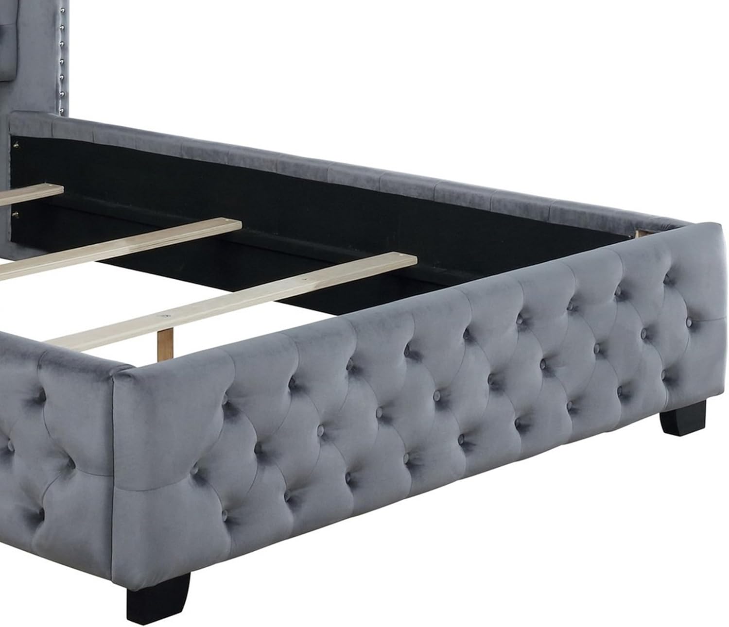 Benjara Qua Wingback Queen Panel Bed, Nailed Tall Headboard, Velvet Upholstery, Gray, Black and Silver