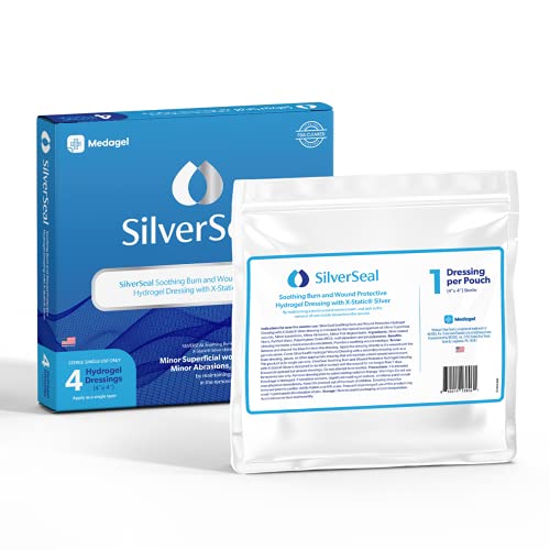 SilverSeal Burn and Wound Dressing | Hydrogel Pads with X-Static Silver | Soothing, Moist & Protective | Burns, Cuts & Wounds | 4 Sterile Dressings