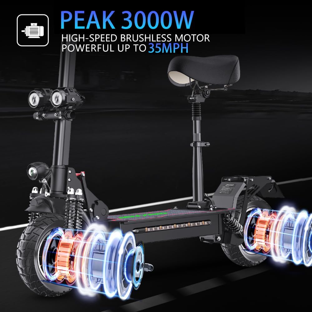 ES10 Peak 3000W Dual Motor Electric Scooter for Adults, 48V/20AH Battery Up to 45 Miles, Top 35 MPH, Folding E-Scooter with Seat, 10 Inch Off-Road Tire with 6X Suspension System & 360°Lighting & IPX5