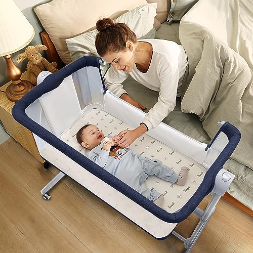 Li’l Pengyu Baby Bassinet Bedside Sleeper - Adjustable Crib All Mesh for Newborn Girl and Boy Infant Bed with Wheels (Gray)