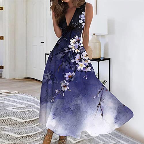 Maxi Dress Women's Loose V Neck Outdoor Sleeveless Ladies Weekend Floral Print 2024 Line Summer Swing Streetwear