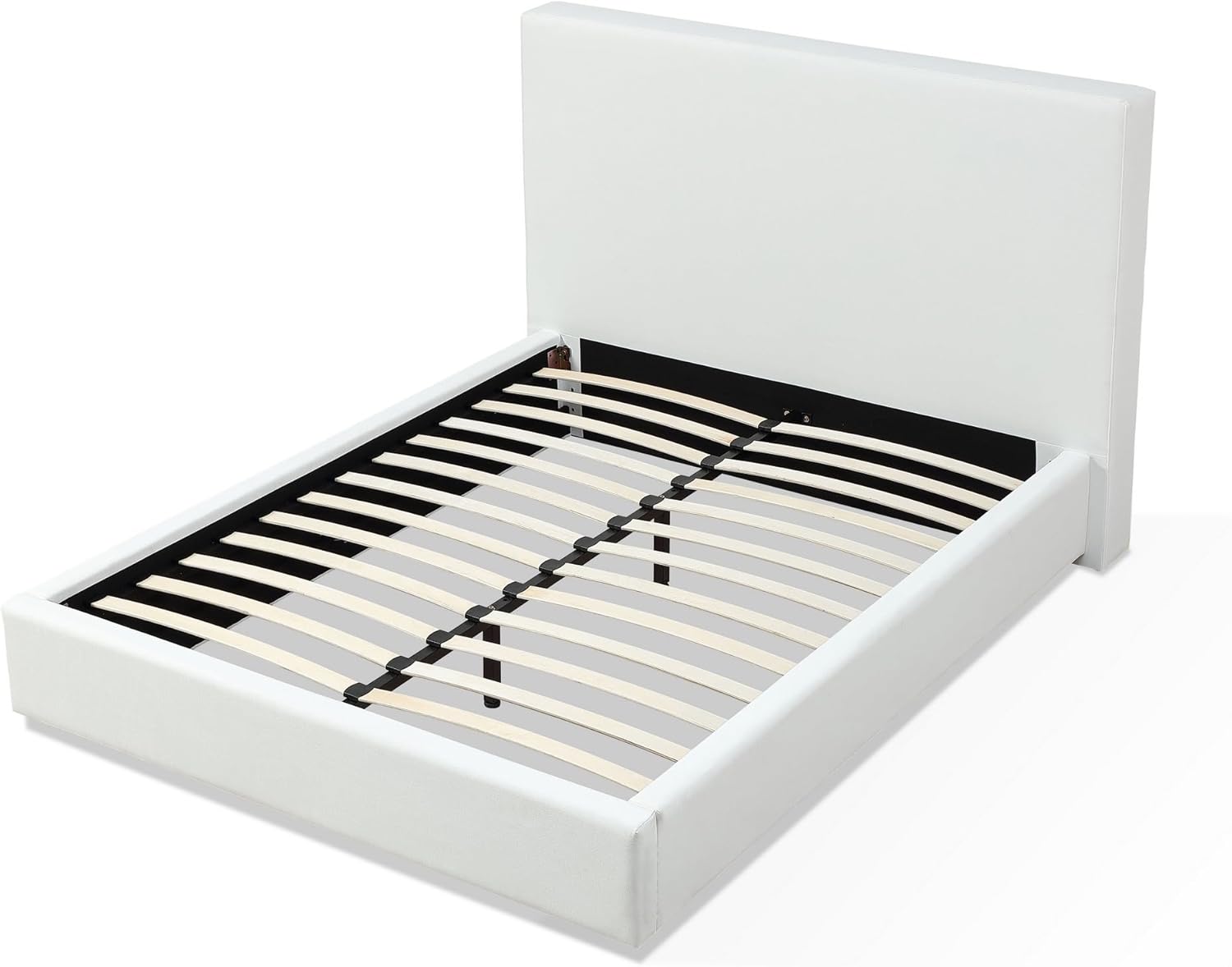 Benjara Uma Queen Size Platform Bed, Tall Panel Headboard, Cream Canvas Upholstery