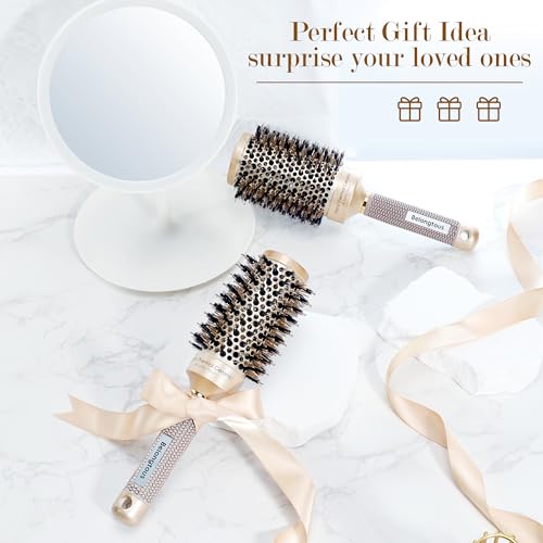 Round Brush, Nano Thermal Ceramic & Ionic Tech Round Barrel Boar Bristles Hair Brush, Roller Brush for Blow Drying, Curling, Straightening and Hair Styling, 4 Free Clips (2.1 Inch, 53mm)