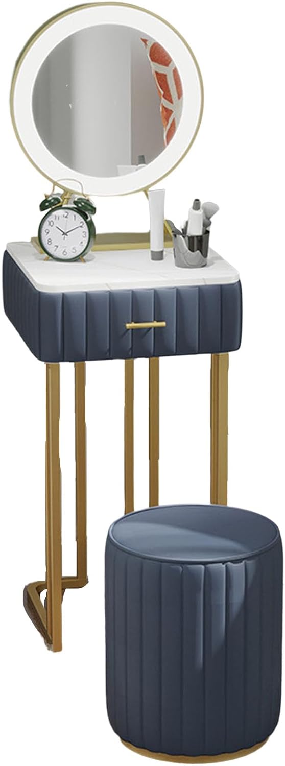 Dressing Table Bedroom Small Mini Cosmetic Table, with 1 Drawer Touch Activated LED Mirror Lights Stool Vanity Table Makeup Bedroom Art Deco Dresser Furniture Set