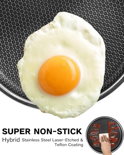 Frying Pans Nonstick, 12 inch Hybrid Non Stick Frying Pan with Lid, Stainless Steel Non Toxic PFOA Free Scratch-resistant Coating Skillets, Dishwasher & Oven Safe Induction Compatible Cookware