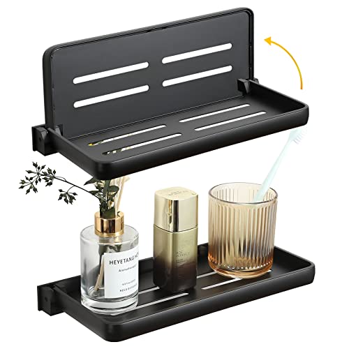 Folding Bathroom Wall Shelf, 2-Tier Wall Mounted Floating Shelves, 90° Fold Up, Waterproof Metal Storage Panel, Useful Shelf Rack for Laundry Room, Toilet Room, Rv, Bedside(2-Pack, Black)