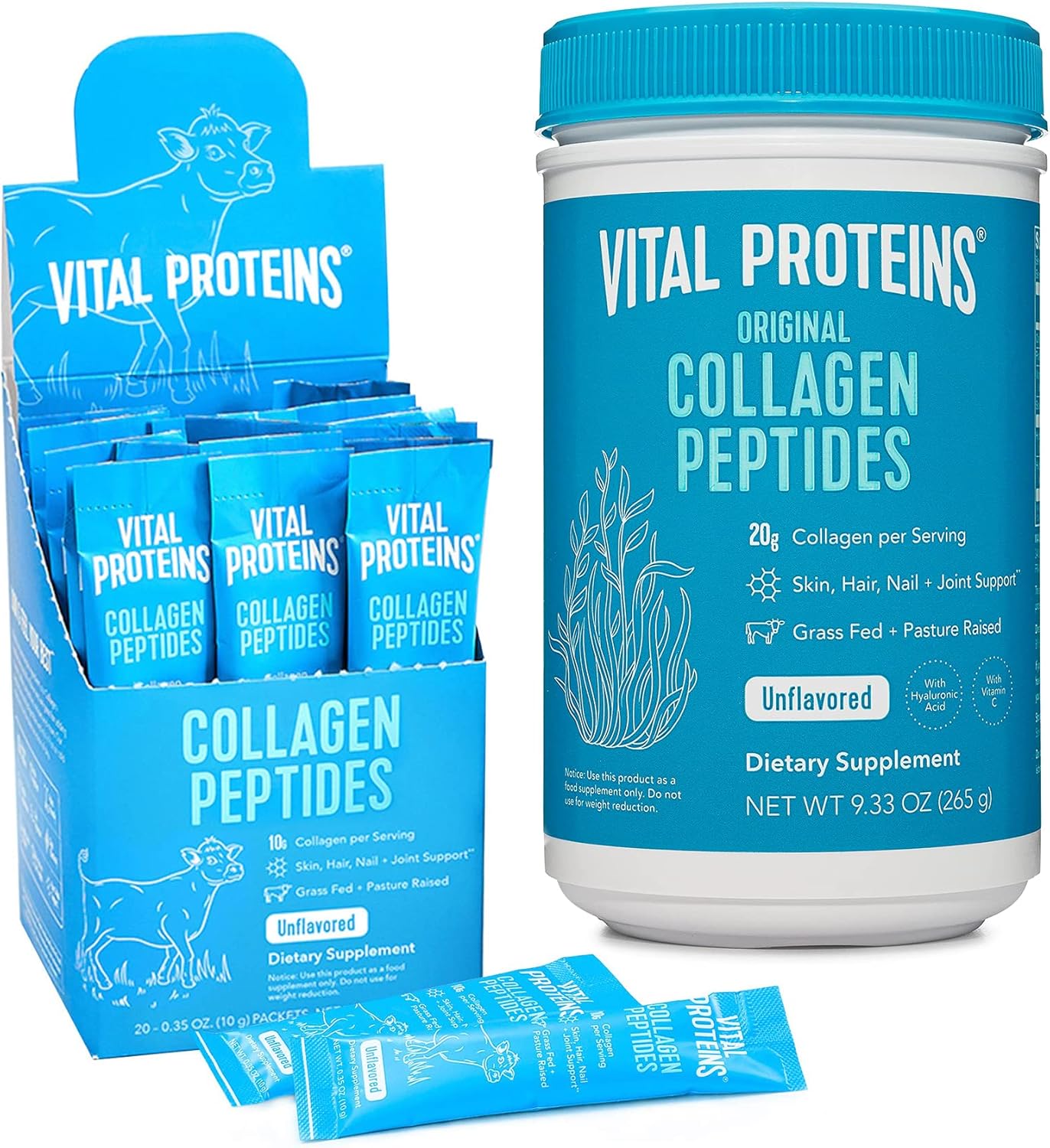 Vital Proteins Collagen Peptides Powder, 9.33 oz Unflavored + 20 Stick Pack