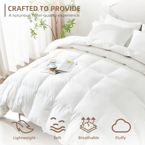 All Season White Goose Feather Down Comforter, King Size Down Comforter 100% Cotton Duvet Insert, Baffle Box Design, 8 Corner Tabs, Fluffy and Cozy - King 106 X 90”, 66oz Fill Weight