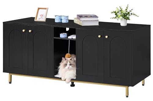 Litter Box Enclosure for 2 Cats, Wooden Pet House Side End Table, Storage Cabinet Bench for Living Room, Bedroom, 55.2 x 19.7 x 23.9 inches, White and Gold CB81503A