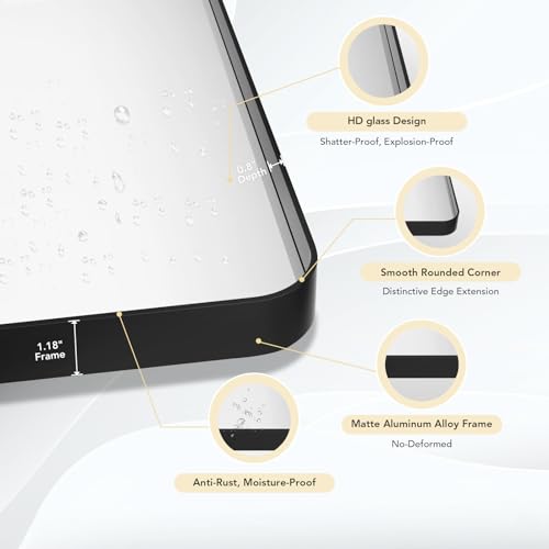 Bathroom Mirror 40 x 32 inch Rectangular Black Metal Framed Mirror, Modern Round Corner Wall Mounted Vanity Mirror for Bathroom Living Room,Vertical or Horizontal