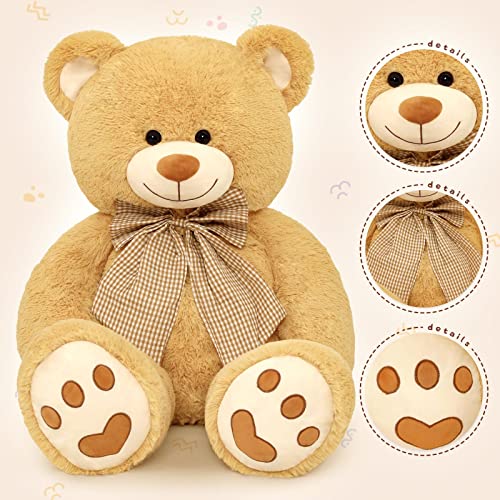MorisMos Giant Big Teddy Bear 4 Feet 47 inch Life Size Tan Plush Bear with Big Bow and Embroidered Paws, Soft and Cute Teddy Bear Toy Gift Suitable for Girlfriend Mother's Day Baby Shower,Brown