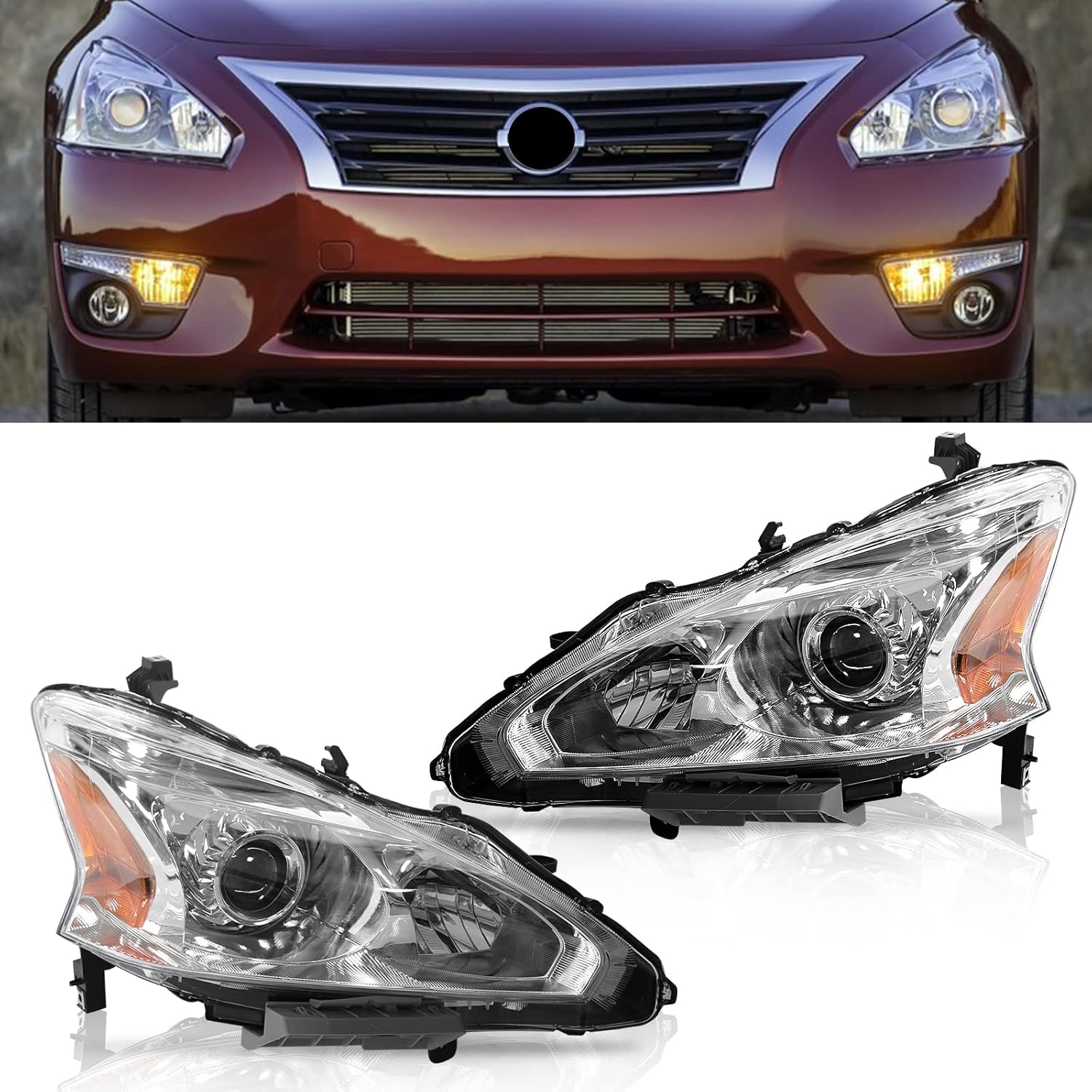 BoardRoad Headlight Assembly Compatible with 2013 2014 2015 Nissan Altima 4-Door Sedan Halogen Headlamps Replacement Chrome Housing Left and Right Side LH+RH