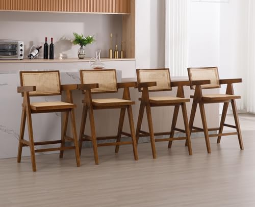 EALSON Rattan Counter Height Bar Stools Set of 2 Modern Farmhouse Wood Barstools with Cane Back/Seat and Arms Mid Century Comfy Counter Stools for Kitchen Island, 26 Inches Natural
