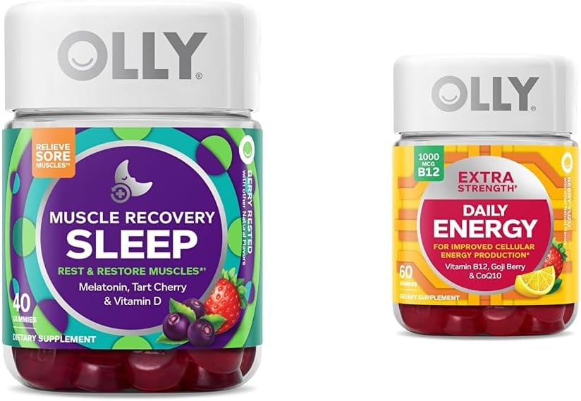 OLLY Muscle Recovery Sleep Gummies, Sleep and Sore Muscle Support, 3mg Melatonin & Extra Strength Daily Energy Gummy, Caffeine Free, 1000mcg Vitamin B12, CoQ10, Goji Berry