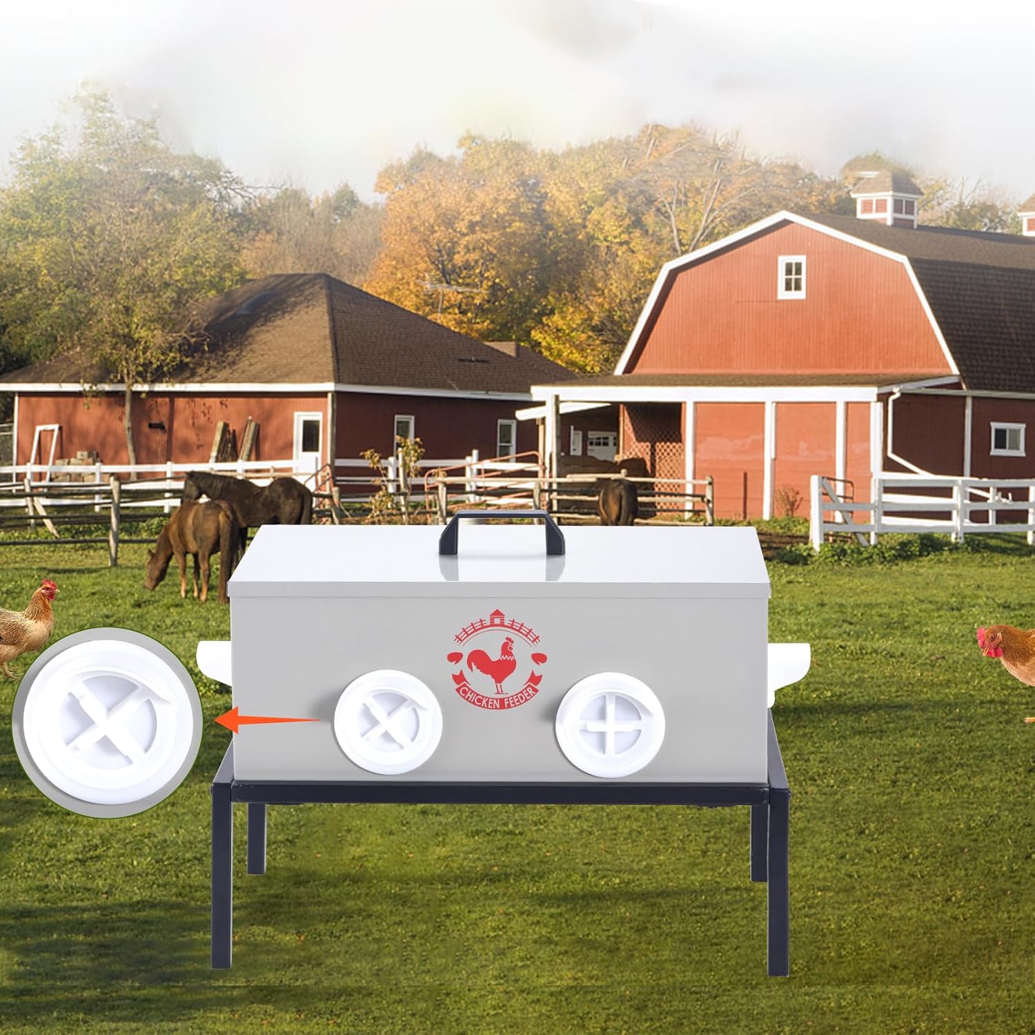 Chicken Feeder 25lb 6-Port All-Weather Metal Poultry Feeder with Plugs, Wind and Rainproof, Suitable for Stove with Stand Inside or Outside