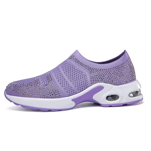 Women's Slip On Walking Shoes Fashion Rhinestone Mesh Breathable Platform Tennis Athletic Shoes Lightweight Comfortable Air Cushion Running Workout Spakle Glitter Sneaker