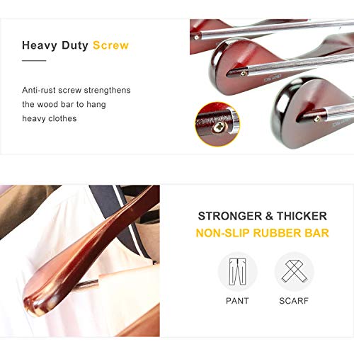 TOPIA HANGER Set of 6 Luxury Mahogany Wooden Coat Hangers, Premium Wood Suit hangers, Glossy Finish with Extra-Wide Shoulder, Thicker Chrome Hooks & Anti-slip Bar CT02M
