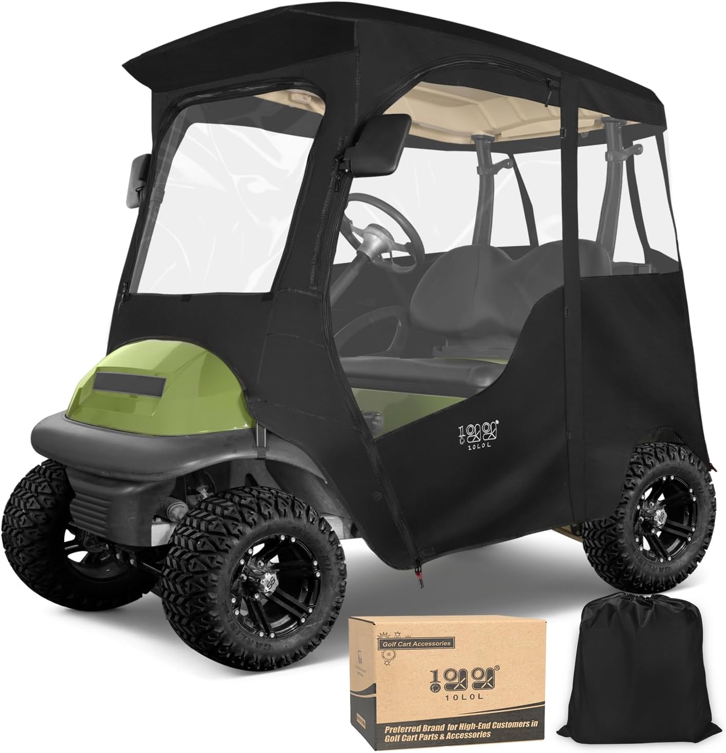 10L0L 800D Deluxe Golf Cart Enclosure 2 Passenger for Club Car Precedent, Onward & Tempo Golf Cart, 4 Sided Clear PVC Window with Security Side Mirror Openings and Zipper Entry Golf Cart Rain Cover