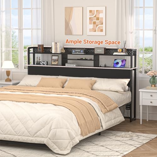 Unikito Headboard for Twin Size Bed with Storage Shelf, Head Board with 3 Outlets and 2 USB Ports, Headboards with RGB LED Light, Height Adjustable, Sturdy and Stable, Easy Assembly, Black Oak