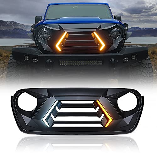 Xprite Front Grill Replacement Compatible with 2018-2024 Jeep Wrangler JL JLU & 2020+ Gladiator JT, Matte Black Shark Grille w/Running and Turn Signals Light