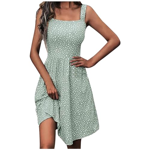 Womens 2024 Summer Boho Dress Square Neck Sundress High Waist A Line Swing Beach Mini Dresses Casual Short Tank Dress