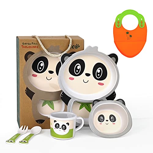 Bamboo Kid Divided Plates and Bowls Sets, 5Pcs Toddler Plates and Utensils Set Kids Dinnerware Set Children Divided Plate Toddler Dish Baby Tableware Bowl Cup Fork Spoon Plate,Dishwasher Safe