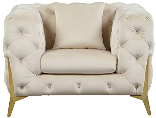 Meridian Furniture Kingdom Collection Velvet Upholstered Chair with Deep Button Tufting & Sturdy Gold Metal Legs, Cream