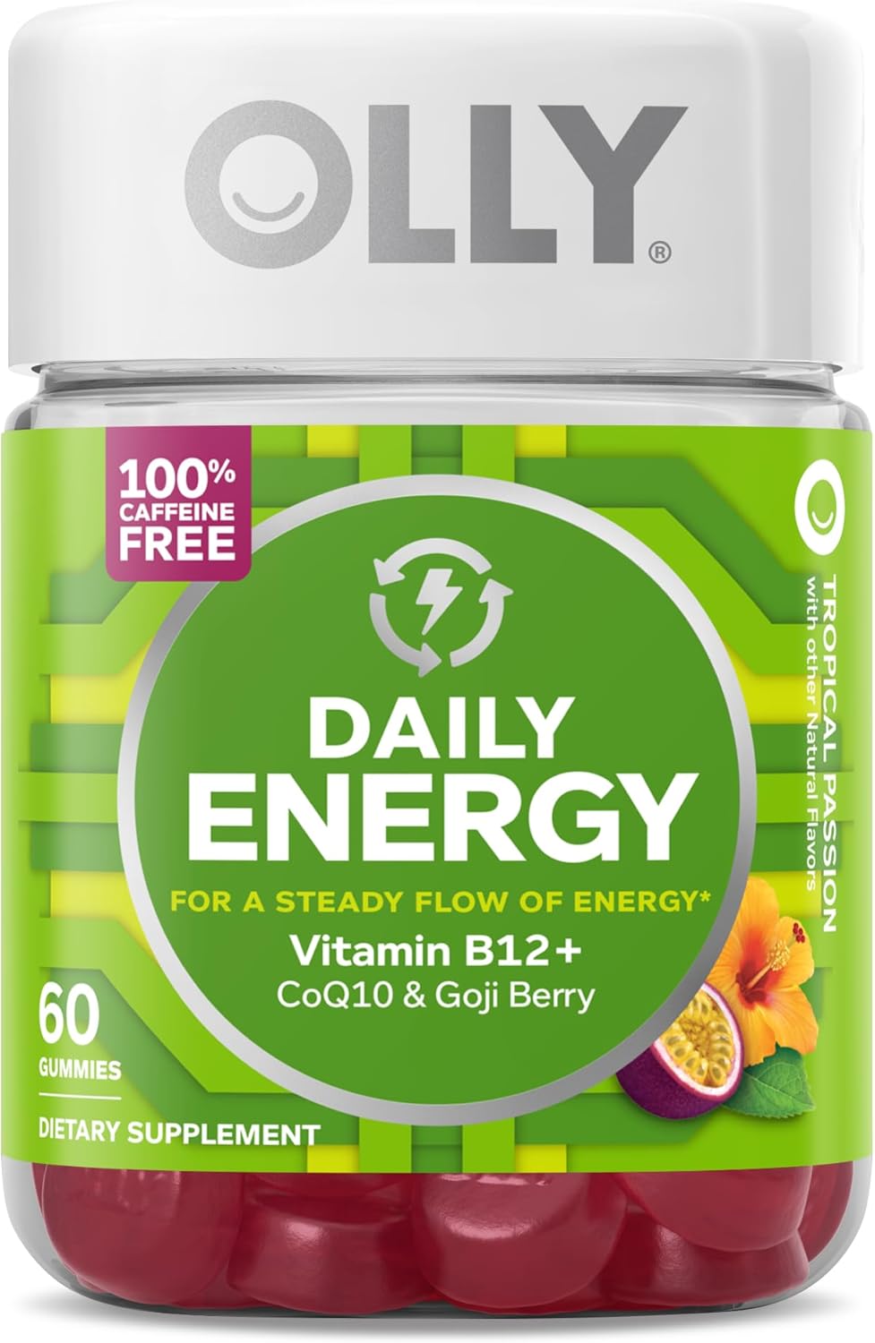 OLLY Daily Energy Gummy, Caffeine Free, Vitamin B12, CoQ10, Goji Berry, Adult Chewable Supplement, Tropical Flavor - 60 Count