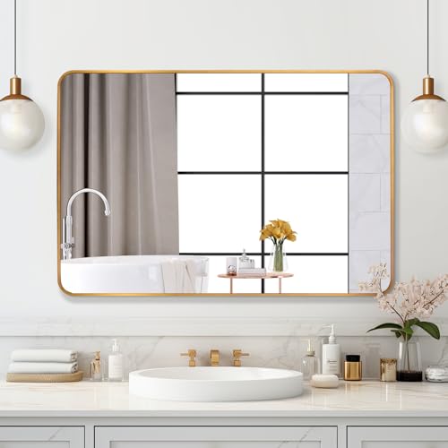 SILD Bathroom Mirror Gold Rectangle Wall Mirror 30 x 40 inch Large Wall Mounted Vanity Mirrors with Aluminum Frame, Hangs Horizontal Or Vertical, Rounded Corner
