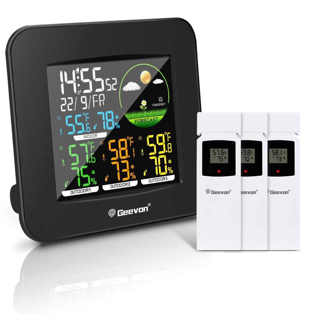 Geevon 8266w3-TX16-2 Weather StationWireless Indoor Outdoor Thermometer Multiple Sensors, Color LCD Display Digital Weather Thermometer with Alarm Clock, Calendar and Adjustable Backlight