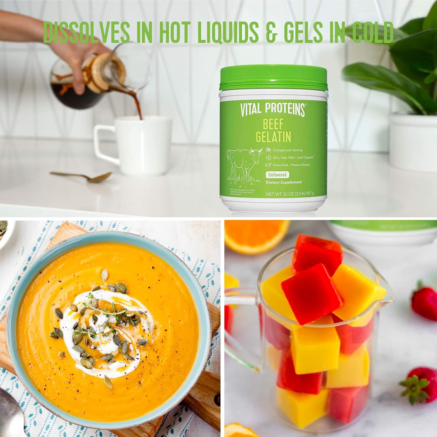 Vital Proteins Beef Gelatin Powder, Pasture-Raised & Grass-Fed Beef Collagen Protein Supplement with Proline & Hydroxyproline, Non-GMO, Gluten & Dairy & Free, Whole30 Approved, Paleo friendly - 32 oz