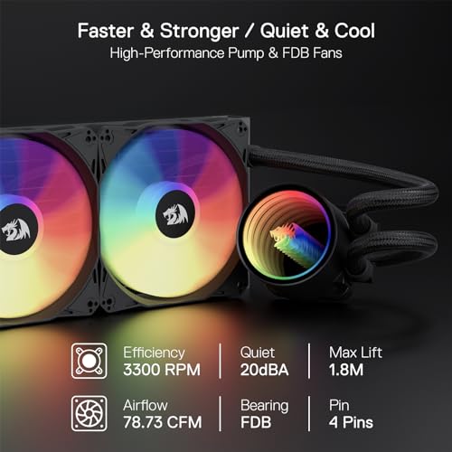 Redragon HL240 ARGB Liquid Cooling System, CPU Water Cooler w/ 3300 RPM High-Efficiency Radiator, 20 dBA Quiet, Groovy Infinity Mirror Effect, 2 x 120mm PWM RGB FDB Fans, LGA 1700, AMD AM5 Ready