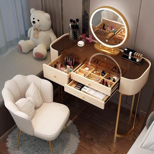 Vanity Set - Makeup Vanity Table with Glass Top, Luxury Vanity with Drawers, LED Smart Makeup Mirror & Makeup Chair, Family Bedroom, Suitable for Her (White & Gold)