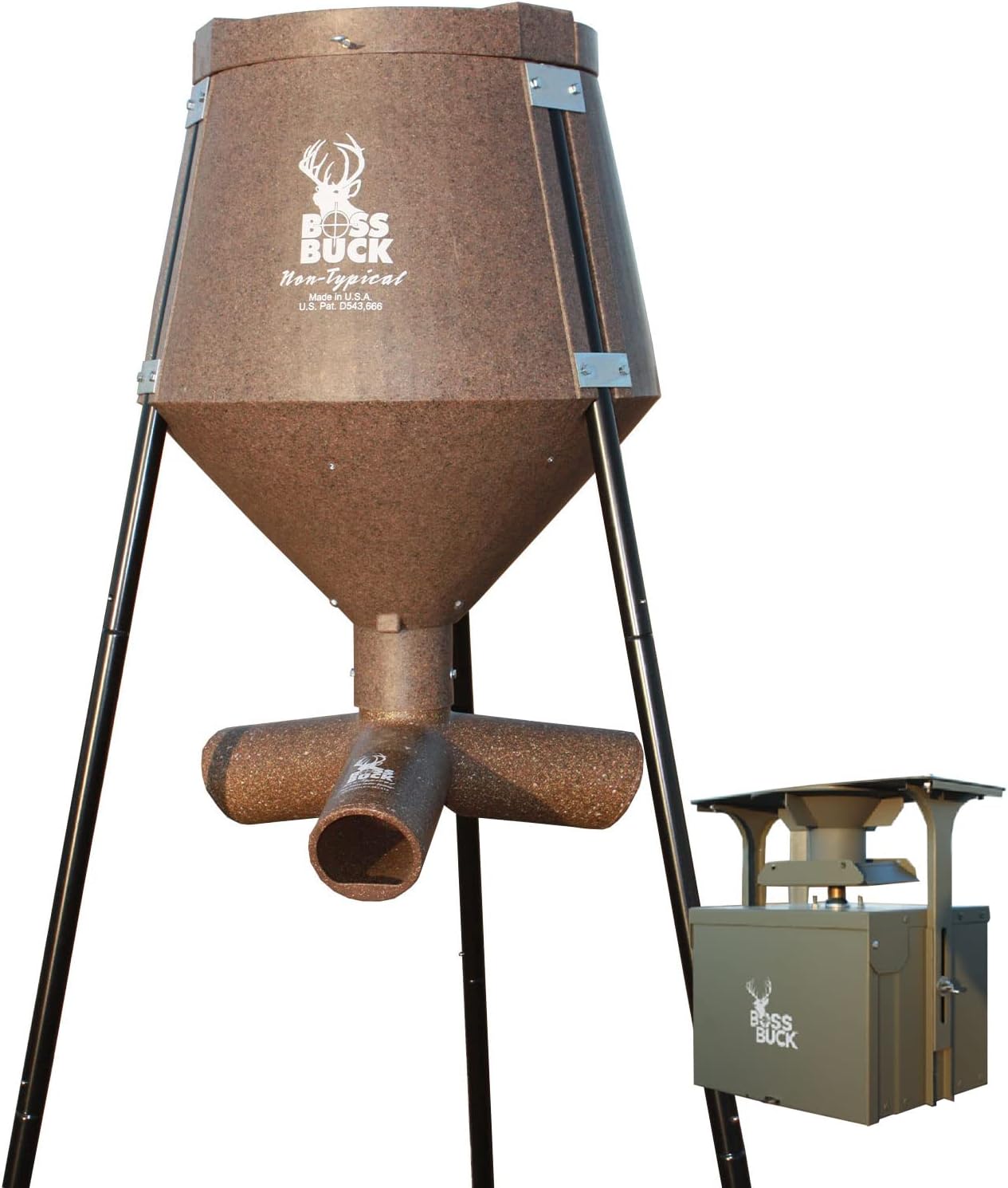 Boss Buck 200 Pounds Heavy Duty 2 Step Deer Feeder Drum with Protein 3 Feed Tube, Spinner, Auto Feed System for Outdoor, Wildlife and Deer Hunting