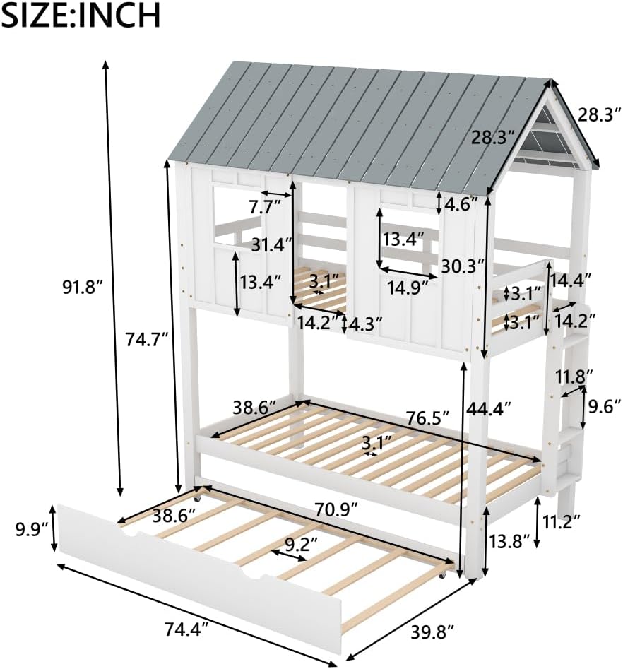 House Bunk Bed with Trundle,Roof and Windows,White 3-Numbers of Package Pine Wood +MDF Twin/Twin 79.6