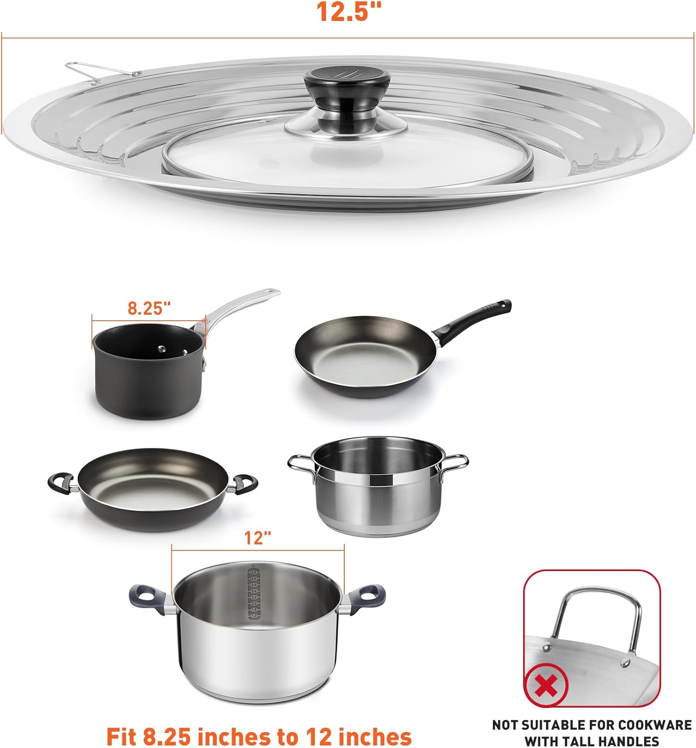 Universal Lid with Tempered Glass Top for Pots and Pans Skillets, Pan Cover fits 7-12.5 Inch Cookware, Large Replacement Frying Pan Cover, Cast Iron Skillet Pot Lids with Heat Resistant Knob