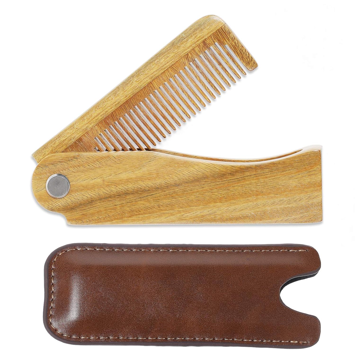 Onedor Handmade 100% Natural Green Sandalwood Fine Tooth Wooden Comb for Men Hair, Beard, and Mustache Styling Pocket Comb With Leather Case (Folding)