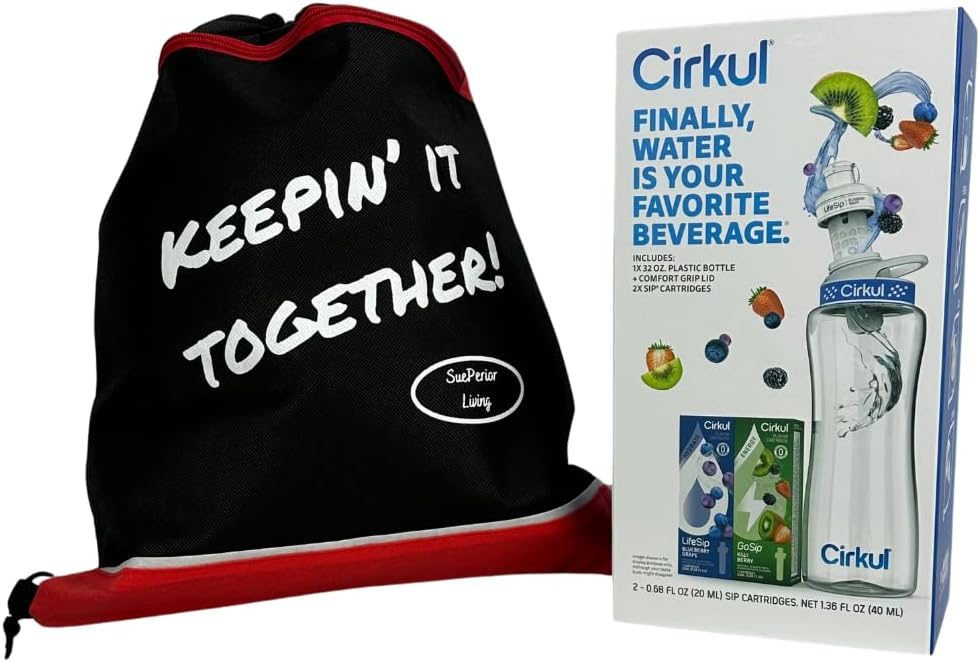 Clear Water Bottle Bundle - 32 oz Cirkul Water Bottle and 2 Cirkul Water Bottle Flavors Cartridges with a Keepin It Together Cinch Bag - Complete BPA Free Plastic Cirkul Water Bottle Starter Kit