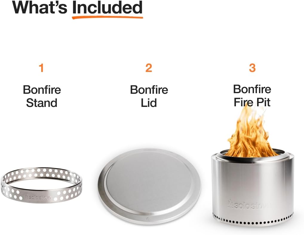 Solo Stove Bonfire Essential Bundle 2.0 | Incl. Smokeless Fire Pit, Stand, Lid, Camping Accessories, Portable for Wood Burning, Removable Ash Pan, Stainless Steel, H: 16.75in x Dia: 19.5in, 21.75lbs