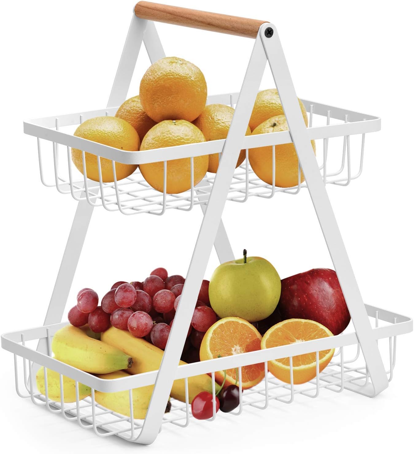 2-Tier Fruit Basket, Metal Fruit Bowl Bread Baskets Countertop Vegatable Storage Stand for Kitchen, White