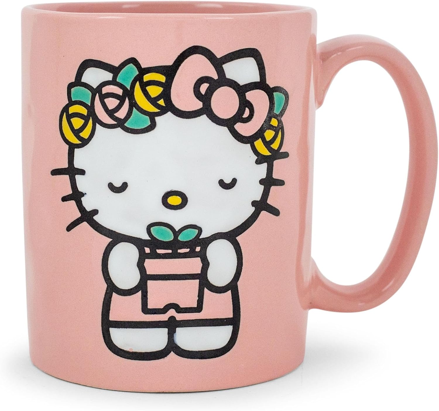 Sanrio Hello Kitty Flower Badge Wax Resist Pottery Ceramic Mug | Large Coffee Cup For Tea, Espresso, Cocoa | Holds 18 Ounces