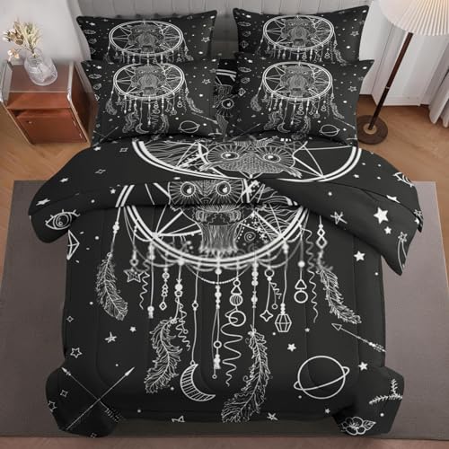 5 Pcs Comforter Set Twin Size, Bohemian Painting Dream Bed in a Bag with Flat Sheet and Fitted Sheet for Kids and Adults, Hippie Vintage Orange Bedding Set with Pillowcase & Sham